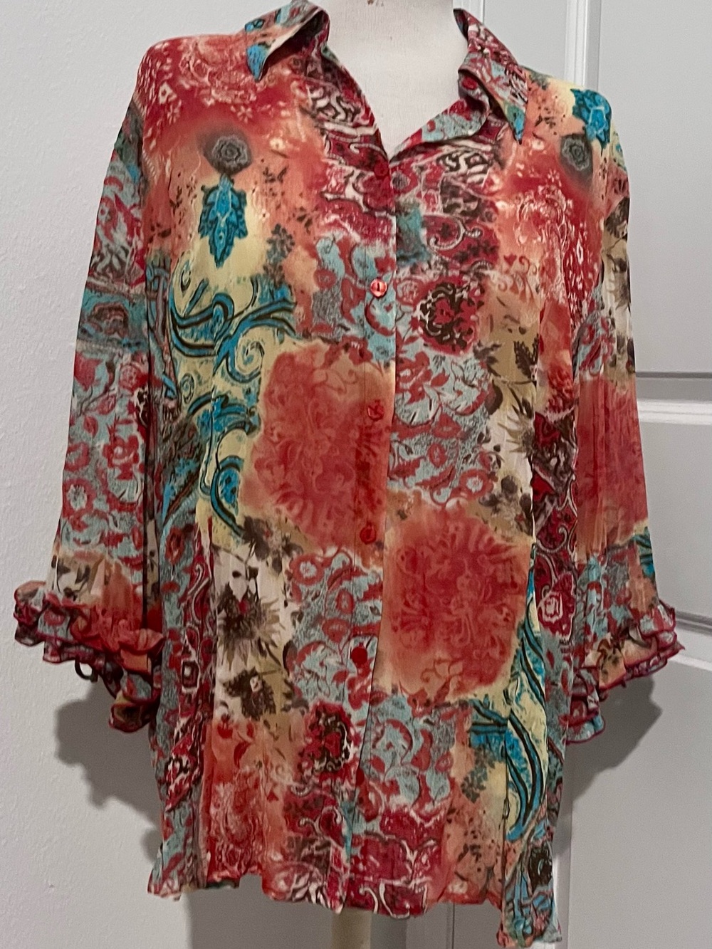Red Jewel Tone Abstract Floral Paisley Button-Down Shirt